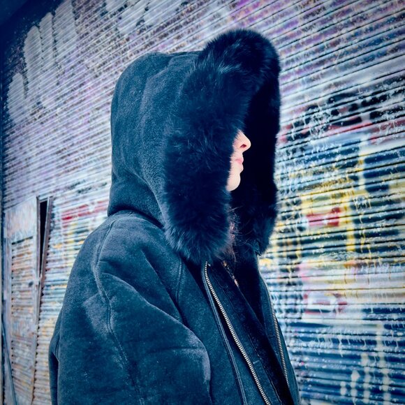 Knoles & Carter London Black Leather Coat, Fur-Lined Hood Winter Jacket Women's - Picture 3 of 10